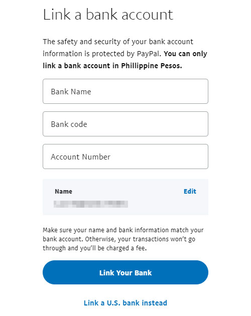 Add bank account to PayPal