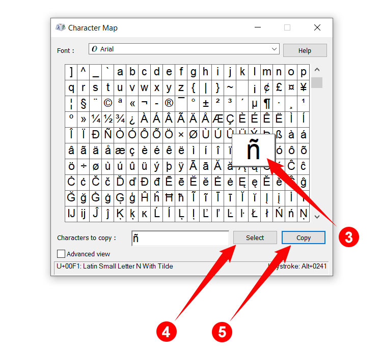 How to insert enye letter using Character Map