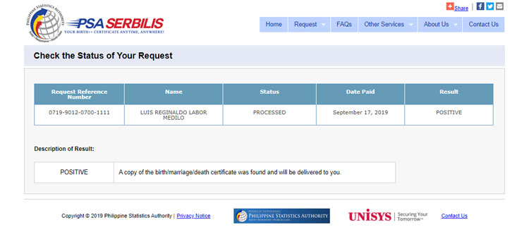 PSA Serbilis birth certificate request status