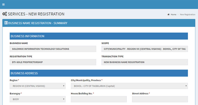DTI online business registration summary