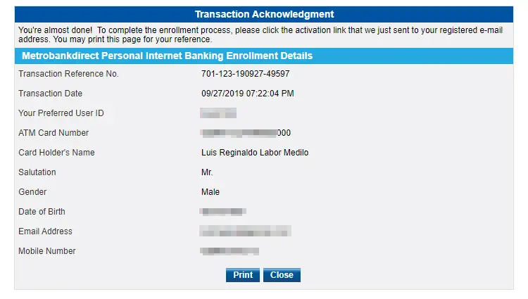 Metrobank transaction acknowledgment