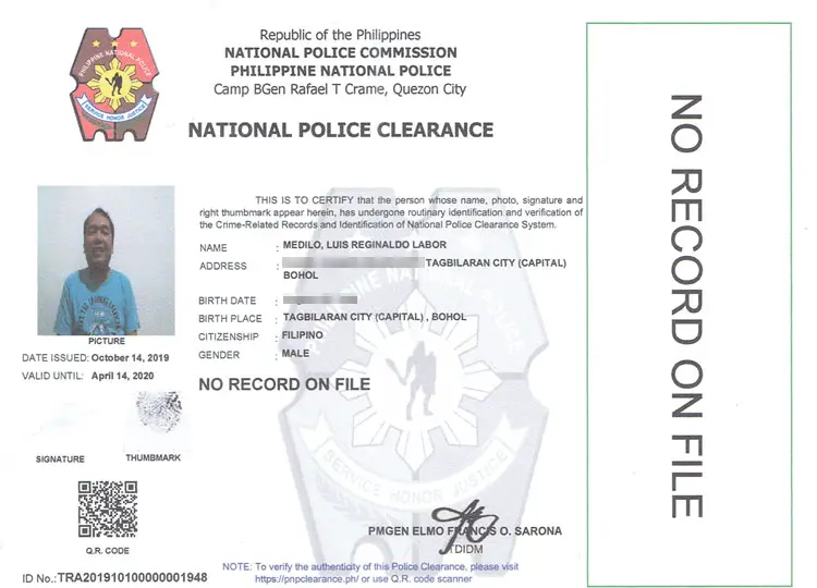 National police clearance sample