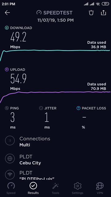 Speed test result