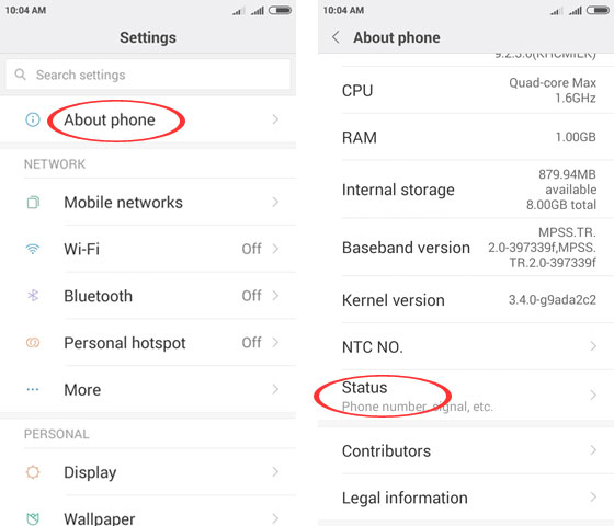 Android settings to know your SIM number