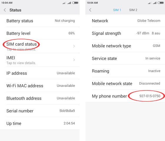 Android settings to know your SIM number