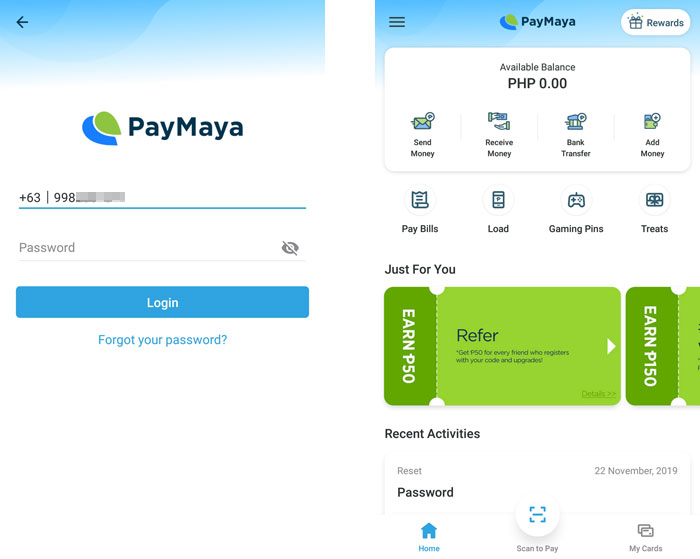 PayMaya login screen