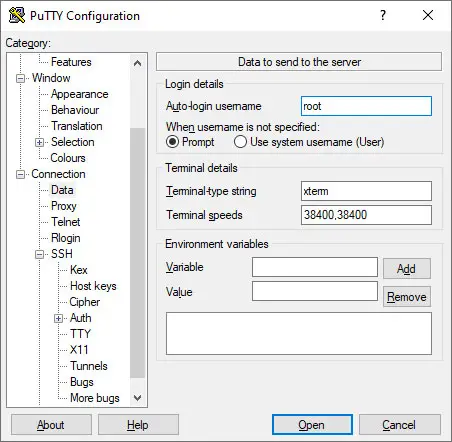 PuTTY configuration