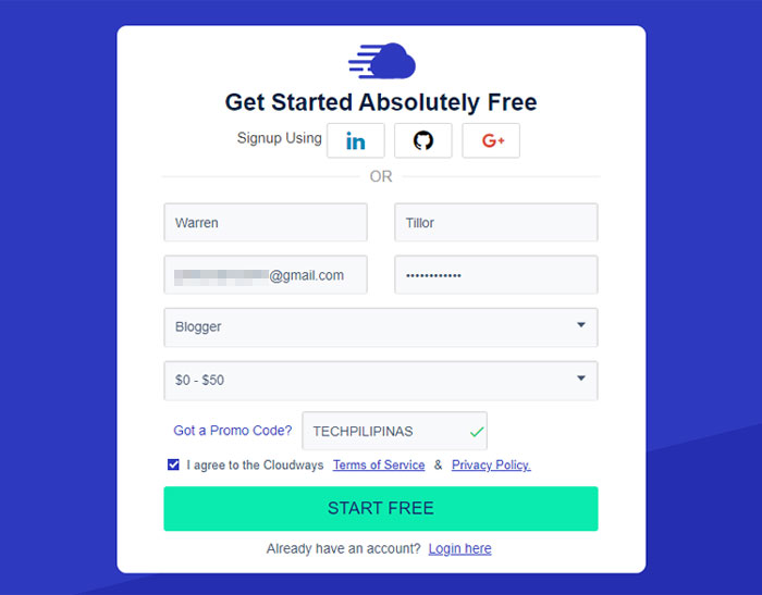 Cloudways signup