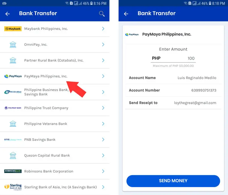 GCash to PayMaya transfer