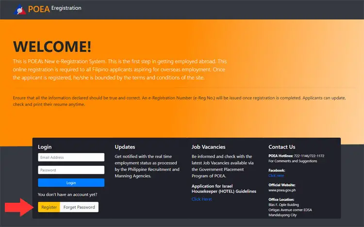 POEA e-Registration System website