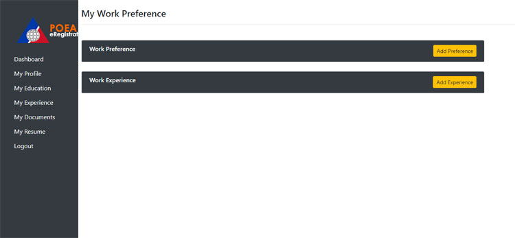 POEA e-Registration work experience