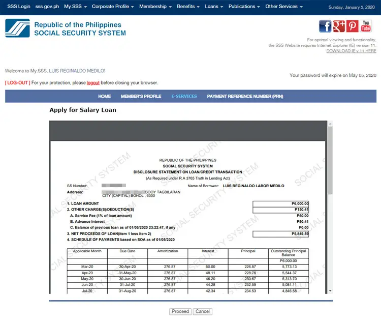 SSS salary loan disclosure statement