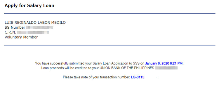 SSS salary loan application submitted