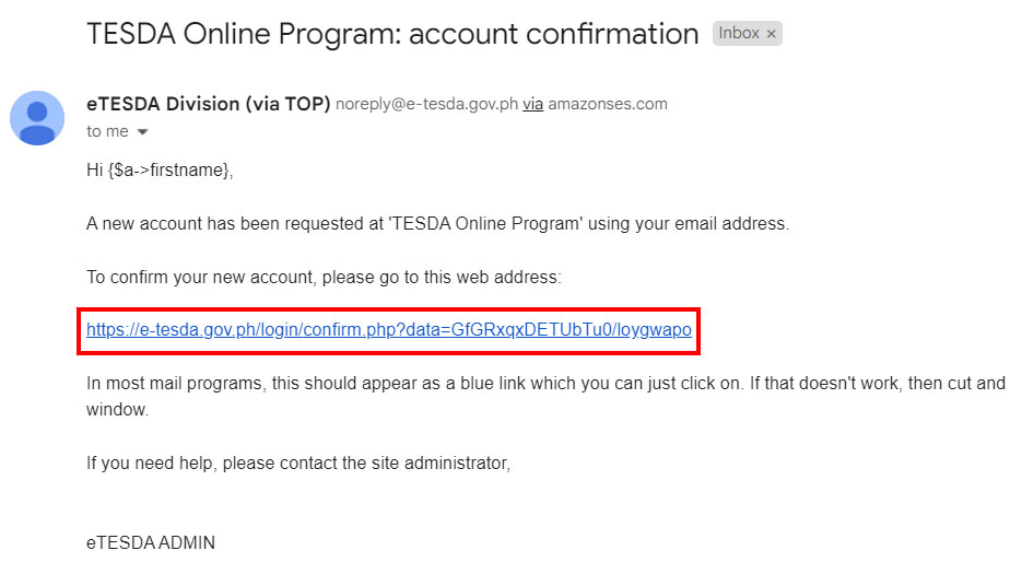 Account confirmation email