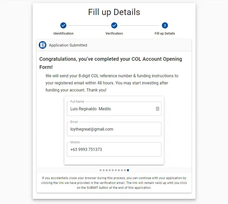 COL Financial account application submitted