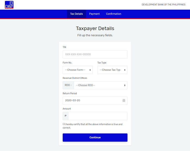 BIR online payment via DBP Paytax