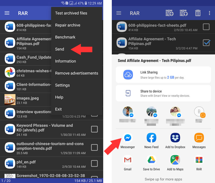 Send a file in Messenger using RAR