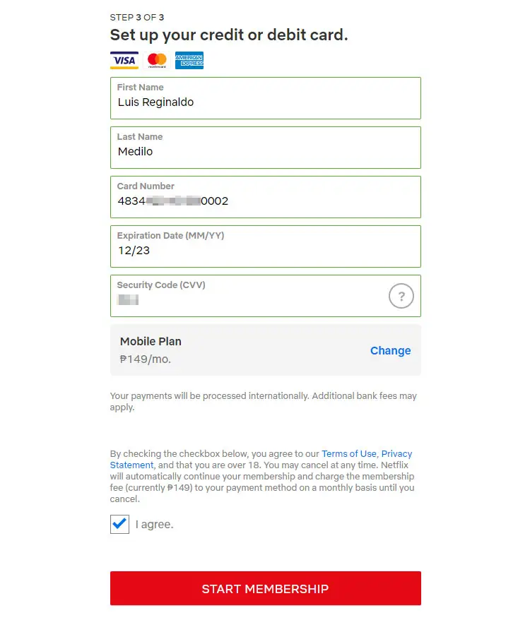 Using a credit or debit card in Netflix
