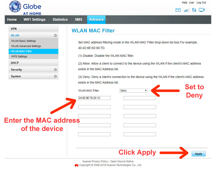 How to block a WiFi user using WLAN MAC Filter
