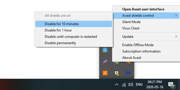 Disable Avast shields