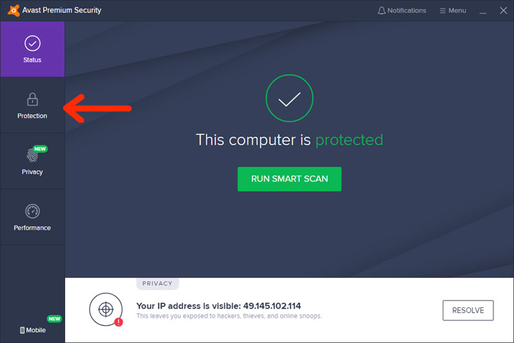 Avast antivirus user interface
