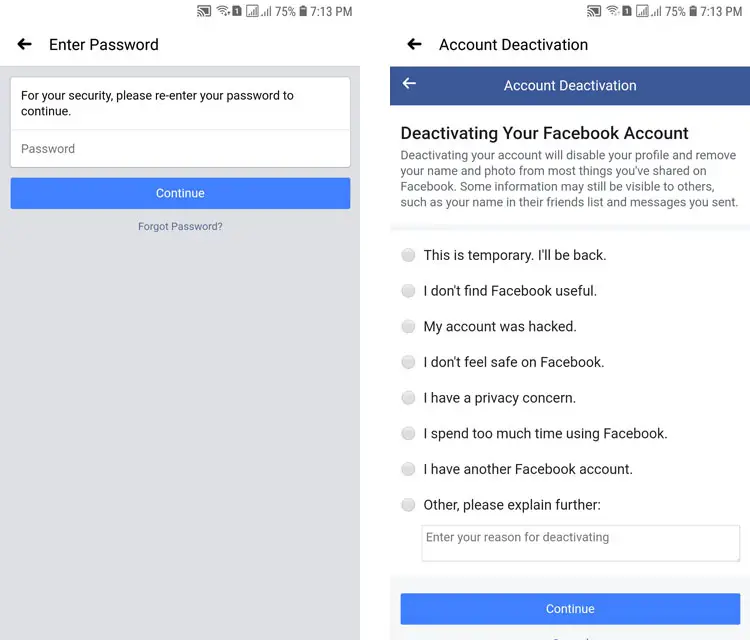 Facebook account deactivation