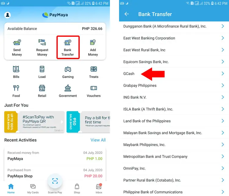 PayMaya to GCash transfer