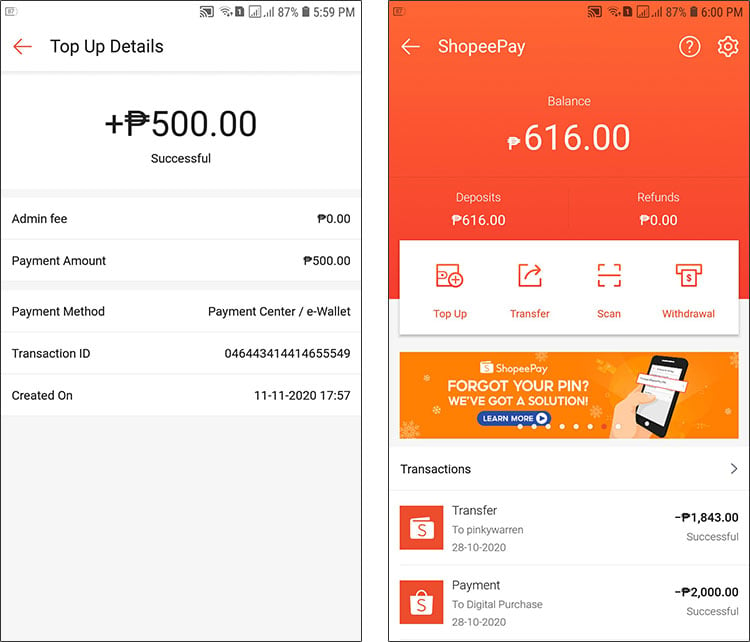 GCash to ShopeePay transfer successful