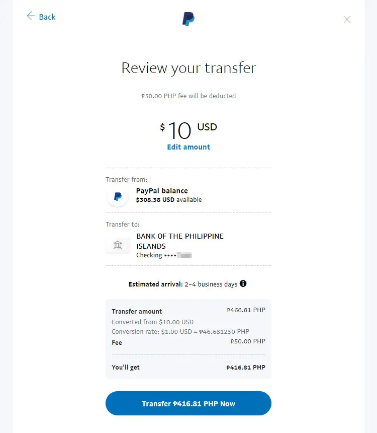 Review your PayPal to BPI transfer