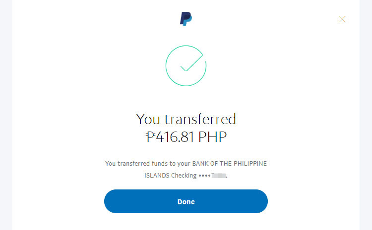 PayPal to BPI transfer successful