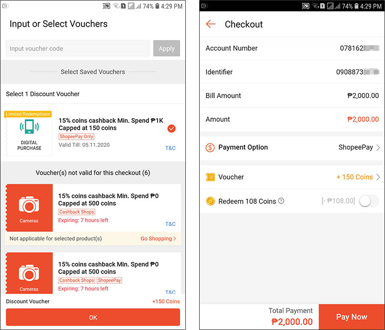 Choose voucher for Shopee coins