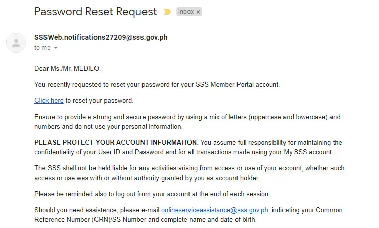 SSS password reset request