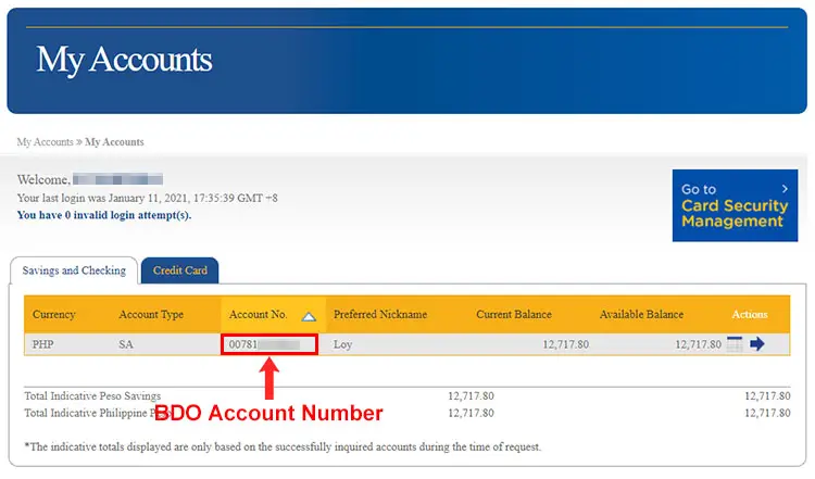 BDO account number sample