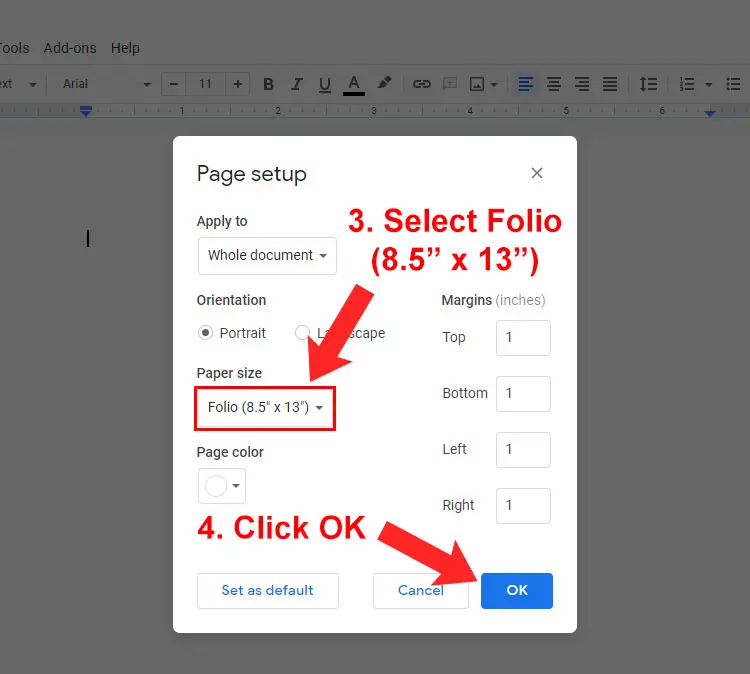 Select long bond paper size in Google Docs