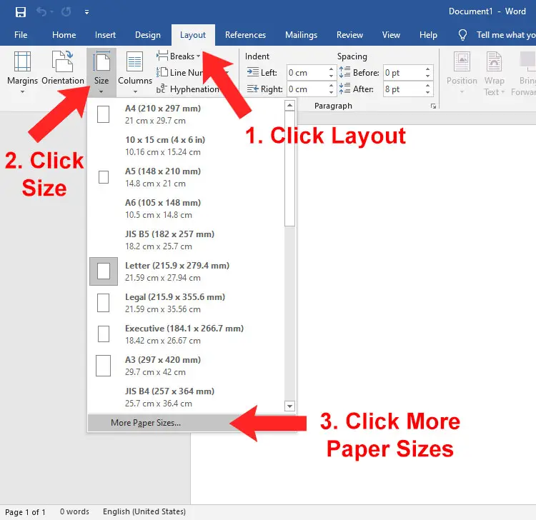 Select paper size in Microsoft Word