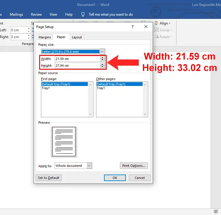 How to set the size of long bond paper in Microsoft Word