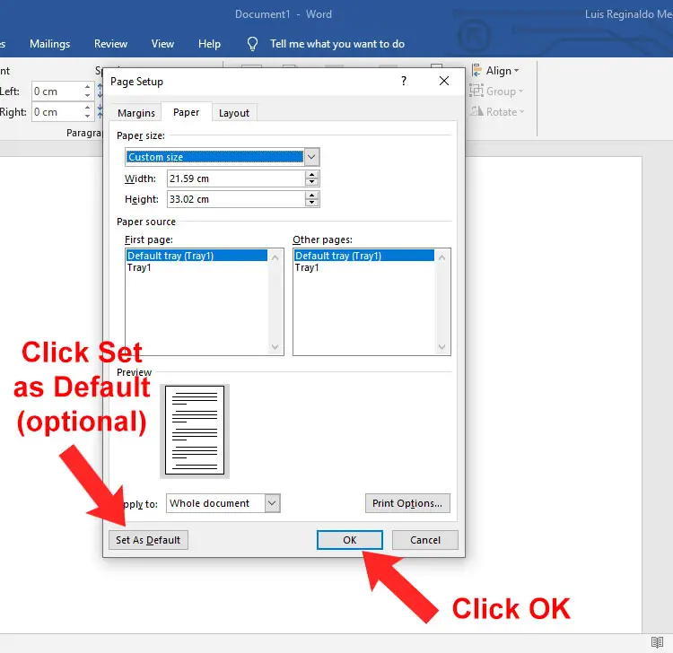 Set long bond paper size as the default