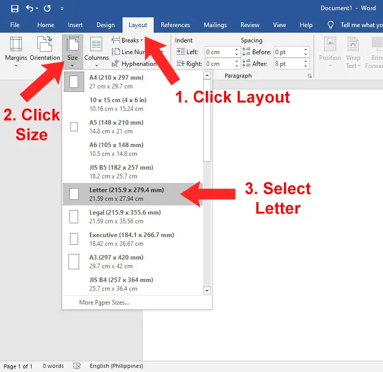 set paper size word