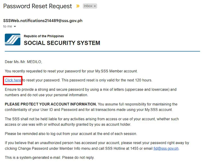 SSS password reset email