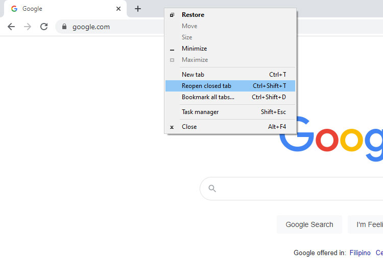 Reopen closed tab in Google Chrome