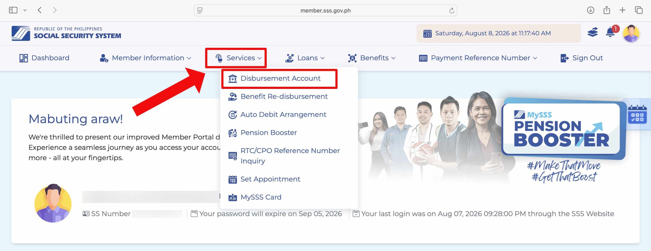 SSS Services menu with Disbursement Account highlighted