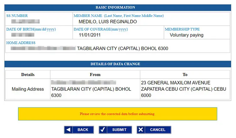 SSS member data change request