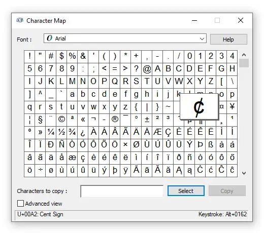 Insert cent sign using Character Map