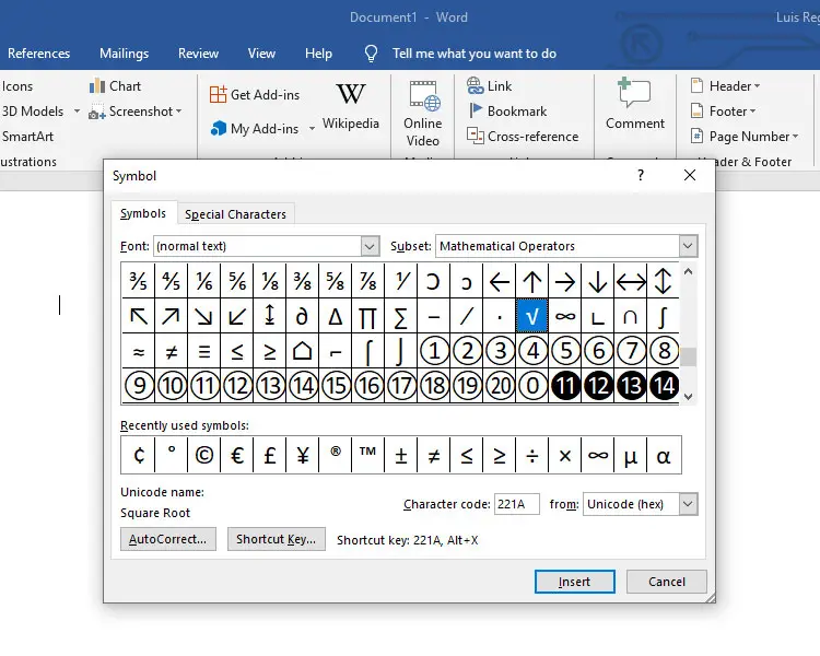 How to type the square root symbol in Microsoft Word