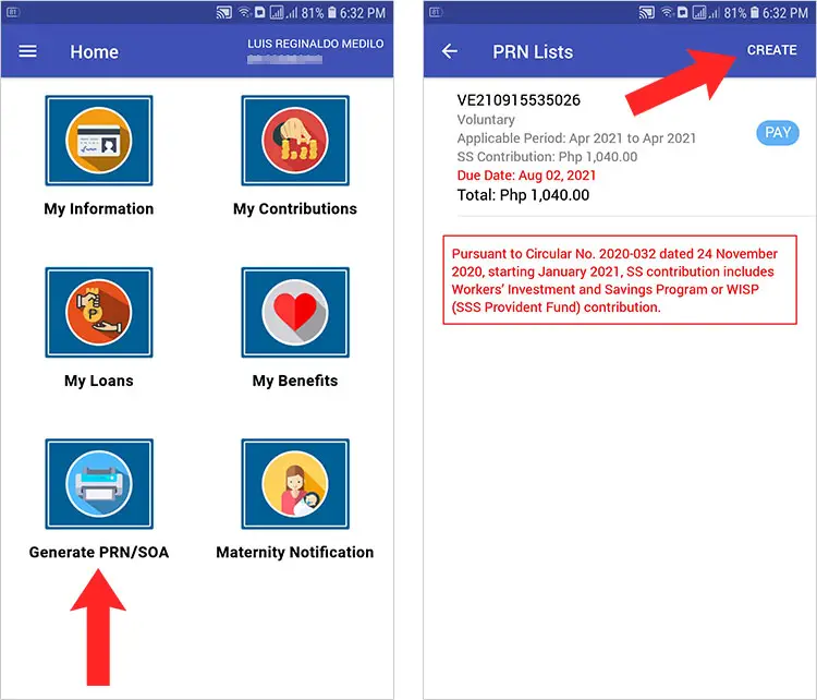 Generate new PRN in SSS mobile app