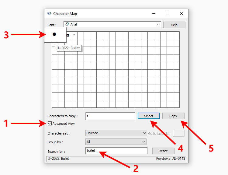 How to copy the bullet point symbol using Character Map