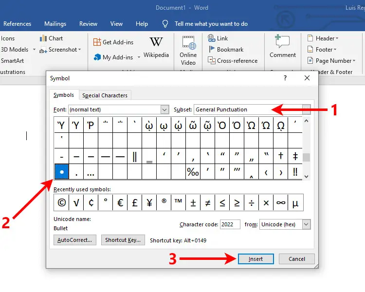 Insert bullet points in Microsoft Word