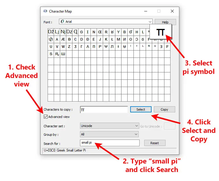 Type the pi symbol using Character Map