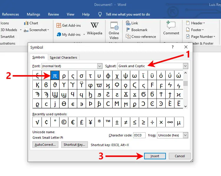Type the pi symbol in Word