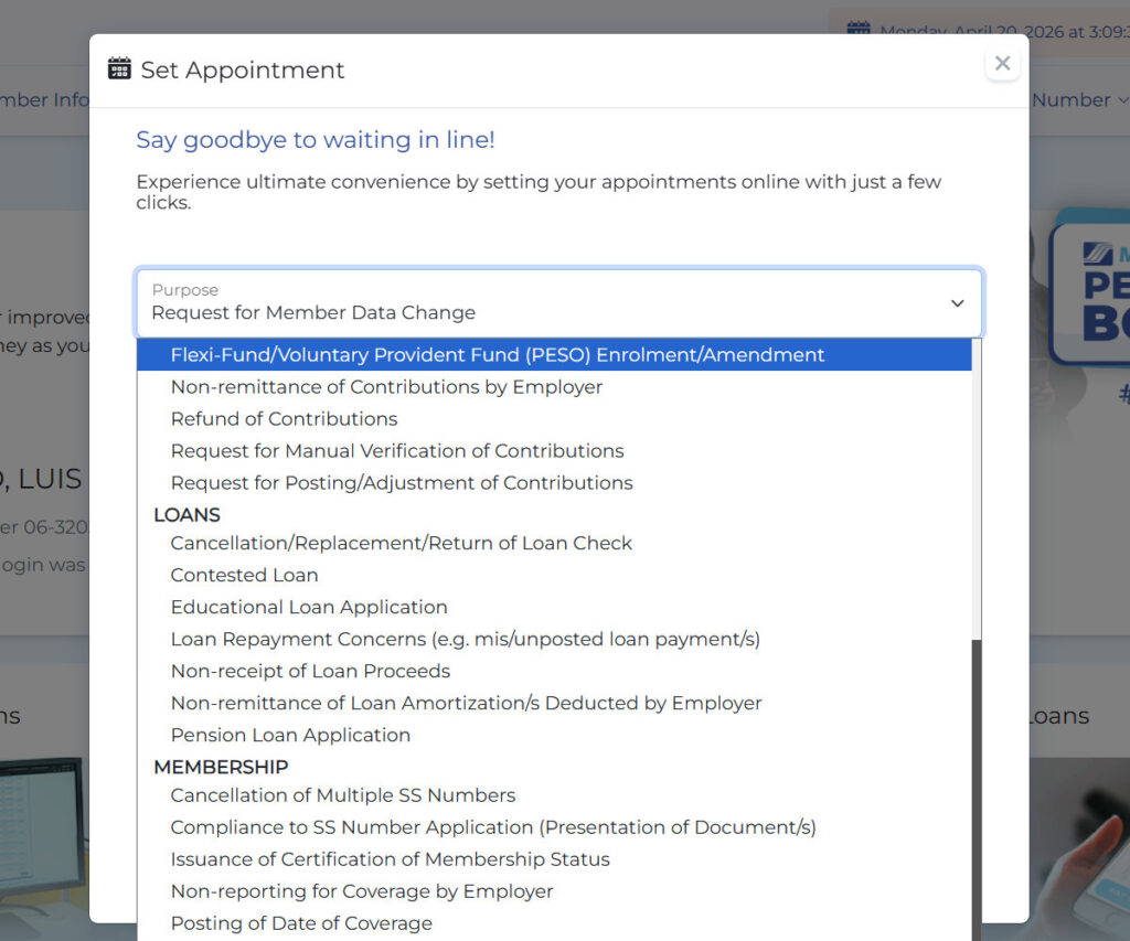 SSS online appointment purpose
